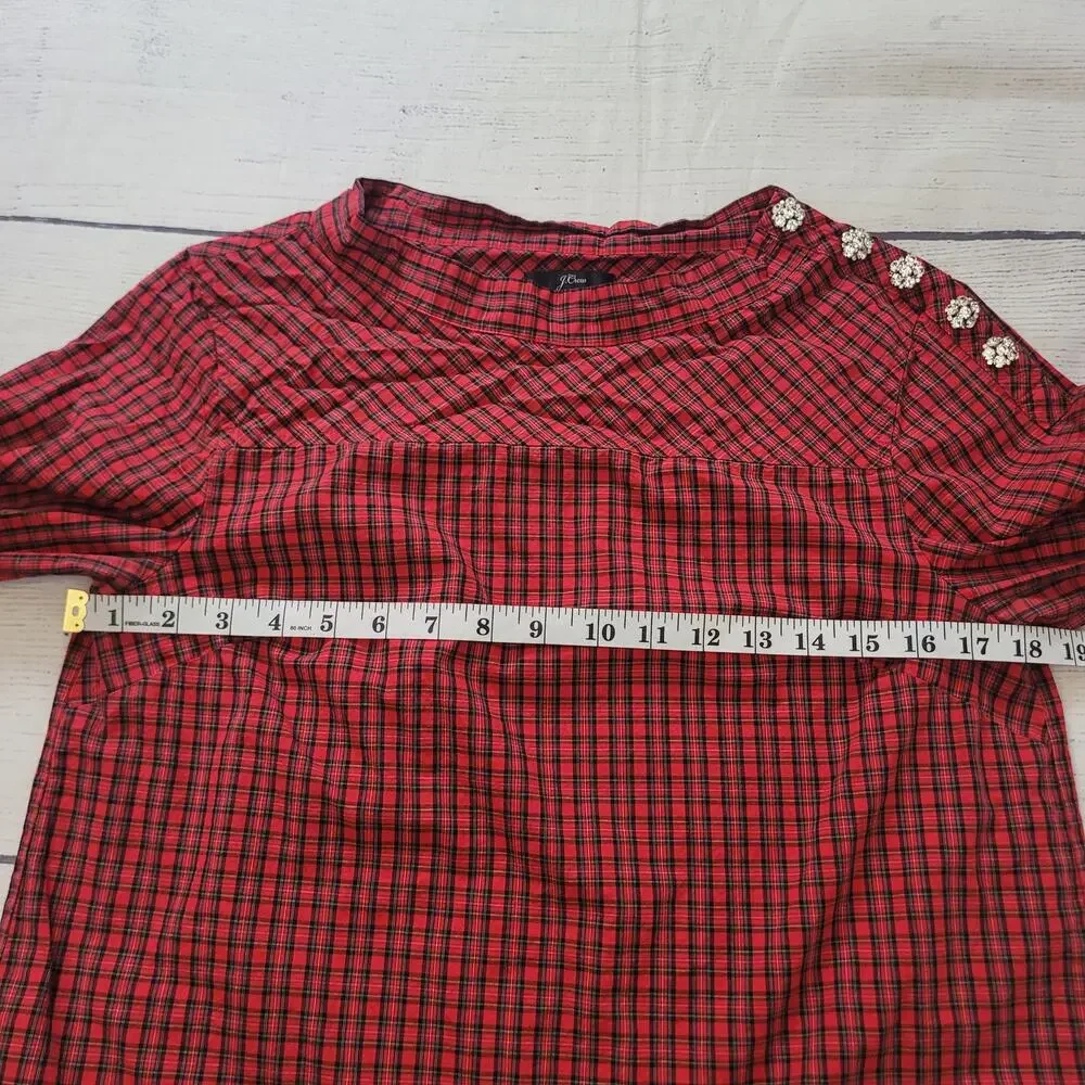 J.Crew Size 4 Plaid Hi-Low Long Sleeve Button Shirt Red Black Holiday‎